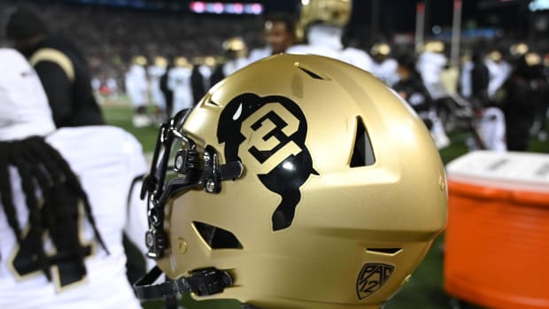 Nov 17, 2023; Pullman, Washington, USA; Colorado Buffaloes helmet sits during a game against the Washington State Cougars in the second half at Gesa Field at Martin Stadium